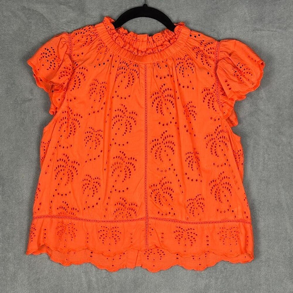 Jennifer Grace Top Womens Medium Orange Eyelet Ruffle Sleeve Resort Palm Tree